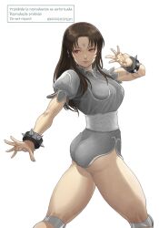 Rule 34 | 1girl, ass, bracelet, breasts, brown eyes, brown hair, capcom, china dress, chinese clothes, chun-li, closed mouth, dress, earrings, highres, jewelry, kkzk61539201, large breasts, long hair, medium breasts, mind control, simple background, solo, spiked bracelet, spikes, street fighter, street fighter ii (series), street fighter ii v, white background
