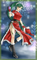 Rule 34 | 1girl, :d, alternate costume, bare legs, belt, black footwear, blush, boots, box, breasts, christmas, dress, earrings, female focus, fire emblem, fire emblem: the blazing blade, full body, fur trim, gift, gloves, green eyes, green hair, happy, hat, high ponytail, highres, holding, holding clothes, holding gift, holding hat, jewelry, large breasts, legs, long hair, looking at viewer, lyn (fire emblem), matching hair/eyes, nintendo, open mouth, ponytail, red dress, red gloves, red hat, round teeth, santa costume, santa hat, short sleeves, side slit, smile, snowflakes, snowflakes background, solo, standing, standing on one leg, teeth, unworn hat, unworn headwear, very long hair, yuino (fancy party)