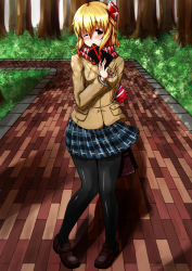 Rule 34 | 1girl, aged up, alternate costume, black pantyhose, blazer, blonde hair, blush, brick, covering own mouth, forest, hair ribbon, head tilt, jacket, knees together feet apart, mesakan (heyatengoku), nature, one eye closed, outdoors, pantyhose, path, plaid, plaid skirt, pleated skirt, red eyes, ribbon, road, rumia, scarf, school uniform, shade, shadow, short hair, skirt, solo, touhou, wink