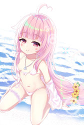 Rule 34 | 1girl, ahoge, bare shoulders, beach, bikini, blush, bow, bow bikini, breasts, closed mouth, collarbone, commentary request, facial hair, flower, front-tie bikini top, front-tie top, hair flower, hair ornament, heart, heart ahoge, highres, jacket, long hair, long sleeves, navel, off shoulder, original, pink bikini, pink hair, red eyes, sand, satori (ymoy), shore, side-tie bikini bottom, sitting, sleeves past wrists, small breasts, smile, solo, swimsuit, thighs, very long hair, wariza, water, white jacket, yellow flower