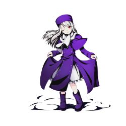 Rule 34 | 10s, 1girl, boots, divine gate, fate/stay night, fate (series), frilled skirt, frills, full body, fur hat, hat, head tilt, illyasviel von einzbern, long hair, looking at viewer, official art, one eye closed, papakha, purple footwear, purple hat, red eyes, silver hair, skirt, skirt hold, smile, solo, transparent background, ucmm, white skirt
