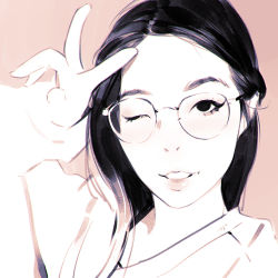 Rule 34 | 1girl, bad id, bad tumblr id, close-up, glasses, ilya kuvshinov, long hair, looking at viewer, one eye closed, original, parted lips, simple background, solo, upper body, v