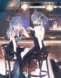 Rule 34 | 2girls, absurdres, ak-12 (girls&#039; frontline), ak-12 (quiet azure) (girls&#039; frontline), an-94 (girls&#039; frontline), an-94 (silent rouge) (girls&#039; frontline), backless dress, backless outfit, bad id, bad pixiv id, bar stool, blue dress, closed eyes, counter, cup, dress, evening gown, fmorange, folded ponytail, girls&#039; frontline, glasses, halter dress, halterneck, highres, holding, holding cup, long hair, multiple girls, official alternate costume, pink hair, sitting, stool, updo, white hair