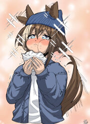 Rule 34 | 1girl, absurdres, animal ears, beanie, blue eyes, blush, casual, cheval grand (umamusume), closed mouth, coat, eating, food, hair between eyes, hat, highres, holding, holding food, horse ears, horse girl, horse tail, looking at viewer, simple background, solo, sparkle, tail, tears, umamusume, user yfvc3323, winter clothes, winter coat