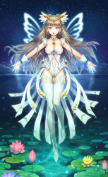 Rule 34 | 1girl, breasts, choker, cleavage, clothing cutout, cloud, crown, flower, gradient background, green eyes, groin, highres, lily pad, long hair, lotus, navel, navel cutout, night, ocean, open mouth, original, outstretched arms, revision, sky, solo, star (symbol), thigh gap, thighhighs, very long hair, water, white thighhighs, wings, wrist cuffs, youbou