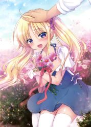 Rule 34 | 1girl, :d, absurdres, blonde hair, blue dress, blush, collarbone, day, dress, floating hair, flower, hair between eyes, hair ornament, hair scrunchie, headpat, highres, holding, holding flower, long hair, looking at viewer, mikami mika, open mouth, original, outdoors, pink flower, purple eyes, purple scrunchie, scrunchie, shiny clothes, shirt, short sleeves, sitting, smile, solo focus, thighhighs, twintails, very long hair, white shirt, white thighhighs