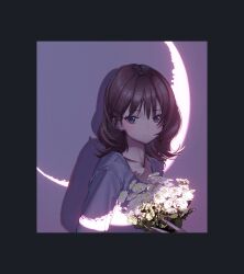 Rule 34 | 1girl, absurdres, black border, blush, border, bouquet, brown hair, closed mouth, collarbone, crack of light, crescent, expressionless, flower, flower request, grey shirt, highres, holding, holding bouquet, long hair, long sleeves, looking at viewer, original, purple eyes, ryuuforkaf, shadow, shirt, solo, upper body, white flower