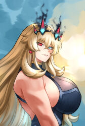 Rule 34 | 1girl, bare shoulders, barghest (fate), black dress, blonde hair, blue eyes, breasts, dress, earrings, barghest (second ascension) (fate), fate/grand order, fate (series), heterochromia, highres, horns, jewelry, large breasts, long hair, looking at viewer, red eyes, shinsaku (stan-art), smile, solo