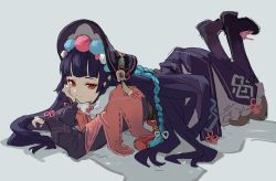Rule 34 | 1girl, blue hair, blunt bangs, bonnet, boots, braid, capelet, commentary, dress, elbow rest, eyeshadow, feet up, flower knot, frilled dress, frills, full body, fur-trimmed capelet, fur trim, genshin impact, grey background, hair ribbon, head rest, highres, knee boots, kurattes, long hair, looking at viewer, lying, makeup, multicolored hair, on stomach, pink capelet, pom pom (clothes), purple dress, purple footwear, purple hair, red eyes, red eyeshadow, ribbon, shadow, sketch, smile, solo, tassel, twin braids, two-tone hair, yun jin (genshin impact)