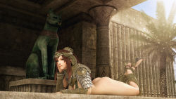Rule 34 | 1girl, 3d, armor, ass, bottomless, breasts, brown hair, cleavage, egypt, egyptian, green eyes, high heels, highres, jewelry, long hair, lots of jewelry, lying, on stomach, palm tree, ponytail, smile, statue, sunlight, tree