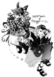 Rule 34 | 1boy, 1girl, adjusting clothes, adjusting eyewear, adjusting headwear, aged down, alternate costume, ashiya douman (fate), commentary request, contemporary, danbara11, fate/grand order, fate (series), glasses, greyscale, highres, long hair, looking at viewer, monochrome, murasaki shikibu (fate), simple background, smile, translation request