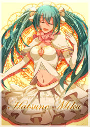 Rule 34 | 1girl, absurdres, breasts, character name, cleavage, cleavage cutout, clothing cutout, elbow gloves, closed eyes, gloves, green hair, groin, hatsune miku, headset, highres, long hair, medium breasts, microphone, midriff, musical note, navel, open mouth, quaver, skirt, solo, treble clef, twintails, twohairs, very long hair, vocaloid