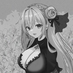 Rule 34 | 1girl, :d, braid, breasts, cleavage, dorothy (nikke), dress, empty eyes, flower, frilled dress, frills, goddess of victory: nikke, greyscale, hair between eyes, hair bun, hair intakes, hair ribbon, highres, jewelry, large breasts, lily (flower), long hair, looking at viewer, monochrome, necklace, open mouth, ribbon, sidelocks, smile, solo, ten sonoyashiki, upper body
