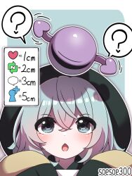 Rule 34 | 1girl, ?, black hat, blouse, bow, eyeball, frilled shirt collar, frilled sleeves, frills, green hair, hat, hat bow, heart, heart of string, highres, komeiji koishi, open mouth, shirt, soesoe300, solo, third eye, thought bubble, touhou, twitter username, wide sleeves, yellow shirt