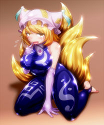 Rule 34 | 1girl, adapted costume, alternate costume, animal ears, bad id, bad pixiv id, barefoot, blonde hair, blush, bodysuit, brown background, brown eyes, elbow gloves, fang, finger to mouth, flying sweatdrops, fox ears, fox tail, full body, gloves, gradient background, hat, highres, kneeling, looking at viewer, mob cap, multiple tails, open mouth, purple gloves, saodake, shiny clothes, short hair, simple background, sleeveless, sleeveless bodysuit, smile, solo, sweatdrop, tail, toeless legwear, touhou, yakumo ran