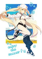 Rule 34 | 1girl, arm up, artoria caster (fate), artoria caster (swimsuit) (fate), artoria caster (swimsuit) (first ascension) (fate), artoria pendragon (fate), asymmetrical clothes, asymmetrical pants, baggy pants, baseball cap, beach, bikini, black footwear, black pants, blonde hair, breasts, cropped jacket, english text, fate/grand order, fate (series), full body, green eyes, grin, hand on headwear, hat, hat tip, highres, jacket, kabutomushi s, leg up, light blush, long hair, long sleeves, looking at viewer, navel, ocean, open pants, outstretched arm, pants, platform footwear, polka dot, puffy long sleeves, puffy sleeves, ribbon, sand, sandals, single bare leg, single pantsleg, sky, small breasts, smile, solo, spread fingers, standing, standing on one leg, striped clothes, striped jacket, striped ribbon, swimsuit, twintails, white bikini, white hat, white jacket, white wristband