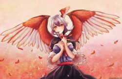 Rule 34 | 1girl, aged up, alternate breast size, artist name, blue hair, blush, breasts, falling feathers, feathered wings, feathers, head wings, horns, large breasts, multicolored hair, neck ribbon, orange eyes, own hands clasped, own hands together, ribbon, short hair, silver hair, single head wing, smile, solo, tasselcat, tokiko (touhou), touhou, two-tone hair, upper body, wings