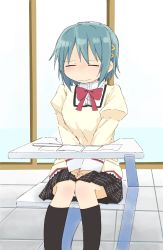 Rule 34 | 1girl, between legs, black skirt, black socks, blue hair, blush, bow, bowtie, closed eyes, closed mouth, desk, embarrassed, female focus, flat chest, hair ornament, hairclip, hand between legs, have to pee, highres, indoors, juliet sleeves, kneehighs, knees together feet apart, long sleeves, mahou shoujo madoka magica, mahou shoujo madoka magica (anime), mechanical pencil, miki sayaka, miniskirt, nose blush, on chair, own hands together, paper, pencil, plaid, plaid skirt, pleated skirt, ponnu (tnpn2yw), puffy sleeves, red bow, red bowtie, shirt, short hair, sidelocks, sitting, skirt, socks, solo, split mouth, tile floor, tiles, v arms, wavy mouth, yellow shirt