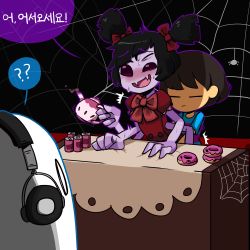 Rule 34 | 1girl, 2boys, ?, ??, arthropod girl, black hair, blush, bug, can, closed eyes, doughnut, dress, drink can, extra arms, fangs, food, frisk (undertale), headphones, implied sex, insect girl, korean text, lakilolom, long hair, monster girl, muffet, multiple boys, napstablook, red eyes, ribbon, shirt, short hair, silk, smile, soda can, speech bubble, spider, spider girl, spider web, stealth sex, sweat, table, teapot, translated, twintails, two side up, undertale, walk-in