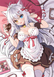 Rule 34 | 1girl, :d, aina rive, animal ear fluff, animal ears, antenna hair, apron, arm ribbon, bell, blush, bow, breasts, brown skirt, candy, cat ears, cat girl, cat tail, chocolate, chocolate heart, cleavage, detached sleeves, food, frilled apron, frills, grey hair, hair between eyes, hair bow, hair intakes, hair ornament, heart, heart hair ornament, holding, holding chocolate, holding food, holding heart, large breasts, long bangs, long hair, looking at viewer, lying, maid, maid apron, maid headdress, mauve, neck bell, on back, on bed, open mouth, original, pillow, puffy detached sleeves, puffy sleeves, red ribbon, ribbon, sash, sketch, skirt, smile, solo, striped, striped bow, tail, thighhighs, underbust, unfinished, white thighhighs
