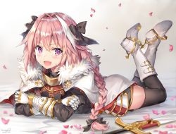Rule 34 | 1boy, :d, armor, astolfo (fate), bed sheet, black bow, black thighhighs, blush, boots, bow, braid, cape, collar, crossed ankles, fang, fate/apocrypha, fate (series), faulds, fur-trimmed cape, fur trim, gauntlets, gold trim, gorget, gradient background, grey background, hair between eyes, hair bow, knee boots, long hair, looking at viewer, male focus, momoko (momopoco), multicolored hair, open mouth, petals, pink hair, purple eyes, single braid, smile, solo, streaked hair, sword, thighhighs, thighhighs under boots, trap, v-shaped eyebrows, very long hair, weapon, white cape, white footwear, white hair, zettai ryouiki