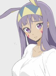 Rule 34 | 1girl, absurdres, alternate costume, animal ears, bad id, bad twitter id, blunt bangs, blush, breasts, closed mouth, collarbone, commentary request, dark-skinned female, dark skin, donguri suzume, embarrassed, expressionless, facepaint, fate/grand order, fate (series), flying sweatdrops, grey background, hairband, highres, lips, looking at viewer, medium breasts, nitocris (fate), no pupils, purple eyes, purple hair, rabbit ears, simple background, solo, upper body