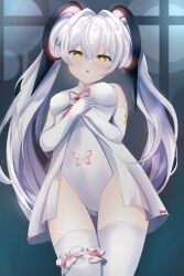 1girl absurdres animal_print bridal_garter butterfly_print cross-shaped_pupils dress elbow_gloves from_below gloves grey_hair hair_between_eyes hair_intakes highres kokuyou_oath leotard long_hair looking_at_viewer luna:_laurel_(pgr) luna_(pgr) punishing:_gray_raven solo symbol-shaped_pupils thighhighs twintails very_long_hair white_dress white_hair white_leotard white_thighhighs yellow_eyes