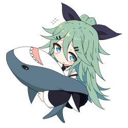 Rule 34 | 1girl, black ribbon, black skirt, black sleeves, blue eyes, blush, closed mouth, commentary request, detached sleeves, from above, green hair, hair between eyes, hair ornament, hair ribbon, hairclip, high ponytail, highres, ichi (ichi.colors), ikea shark, kantai collection, long hair, long sleeves, looking at viewer, looking up, hugging object, pleated skirt, ponytail, ribbon, sailor collar, simple background, skirt, solo, stuffed animal, stuffed shark, stuffed toy, very long hair, white background, white sailor collar, wide sleeves, yamakaze (kancolle)