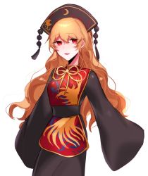 Rule 34 | 1girl, belt, black belt, black dress, black hat, black sleeves, bow, bowtie, breasts, chinese clothes, crescent, dress, hair between eyes, hat, highres, junko (touhou), long hair, long sleeves, looking to the side, medium breasts, nemachi, open mouth, orange hair, phoenix crown, pom pom (clothes), red eyes, red vest, simple background, smile, solo, tabard, touhou, vest, white background, wide sleeves, yellow bow, yellow bowtie