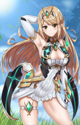 Rule 34 | 1girl, absurdres, armor, armpits, blonde hair, blush, breasts, cleavage, day, dress, field, fingerless gloves, gloves, highres, large breasts, long hair, looking at viewer, mythra (xenoblade), nez-box, nintendo, skirt, sky, smile, solo, swept bangs, very long hair, xenoblade chronicles (series), xenoblade chronicles 2, yellow eyes