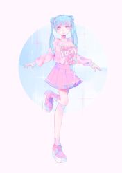 Rule 34 | 1girl, absurdres, aqua hair, bad id, bad twitter id, blunt bangs, circle, food, fortisselle, full body, highres, leg up, long hair, long sleeves, looking at viewer, original, parted lips, pink eyes, pink footwear, pink shirt, pink skirt, pleated skirt, pocky, print shirt, shirt, shoes, skirt, smile, solo, standing, standing on one leg, twintails