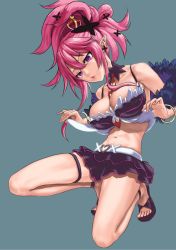 Rule 34 | 1girl, belt, between breasts, black skirt, blue background, bracelet, breasts, cleavage, clothes lift, crown, disgaea, feather boa, full body, jewelry, large breasts, makai senki disgaea 5, midriff, mini crown, miniskirt, navel, necktie, necktie between breasts, pink hair, pointy ears, ponytail, purple eyes, red necktie, seraphina (disgaea), shirt lift, shoes, short hair, simple background, skirt, solo, squatting, toeless footwear, tomiokasena, white belt