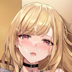 Rule 34 | 1girl, bad id, bad pixiv id, black choker, blonde hair, blush, choker, commentary request, cum, cum in mouth, cum on hair, earrings, facial, jewelry, kitagawa marin, kuza brs, long hair, looking at viewer, open mouth, piercing, portrait, red eyes, solo, sono bisque doll wa koi wo suru, swept bangs