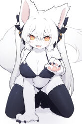 Rule 34 | 1girl, 2023, bikini, black bikini, blush, breasts, cleavage, furry, furry female, large breasts, looking at viewer, open mouth, pawpads, pemi (spommmm), smile, solo, swimsuit, white background, white fur, yellow eyes