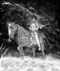 Rule 34 | 1girl, absurdres, armor, berserk, capelet, casca (berserk), commentary, eclipse, elbow gloves, gloves, grass, greyscale, highres, horse, horseback riding, instagram username, marvin (omarvin), monochrome, riding, saddle, sheath, sheathed, short hair, signature, sky, solo, star (sky), starry sky, stirrups (riding), sword, tall grass, thighhighs, twitter username, weapon, wind