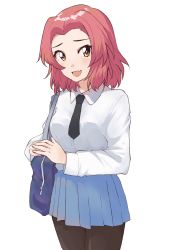 Rule 34 | 1girl, bag, black necktie, black pantyhose, blue skirt, brown eyes, carrying, commentary, cowboy shot, dress shirt, fang, girls und panzer, highres, long sleeves, looking at viewer, medium hair, miniskirt, necktie, open mouth, own hands together, pantyhose, pleated skirt, red hair, rosehip (girls und panzer), school bag, school uniform, shirt, simple background, skin fang, skirt, smile, solo, st. gloriana&#039;s school uniform, standing, summer uniform, white background, white shirt, wing collar, zono (inokura syuzo029)