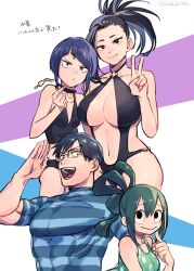 Rule 34 | 1boy, 3girls, :&gt;, :d, artist name, asui tsuyu, audio jack, black choker, black hair, black one-piece swimsuit, blue one-piece swimsuit, boku no hero academia, breasts, casual one-piece swimsuit, choker, closed mouth, diagonal bangs, flat chest, glasses, green hair, green one-piece swimsuit, iida tenya, jirou kyouka, large breasts, long earlobes, long hair, looking at viewer, medium breasts, multiple girls, muscular, muscular male, navel, o-ring, o-ring swimsuit, ohhhhhhtsu, old-fashioned swimsuit, one-piece swimsuit, open mouth, ponytail, purple hair, salute, short hair, slingshot swimsuit, smile, striped clothes, striped male swimwear, striped one-piece swimsuit, swimsuit, twitter username, v, yaoyorozu momo