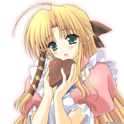 Rule 34 | 00s, 1girl, ahoge, blonde hair, blush, bow, braid, candy, chocolate, chocolate heart, collared dress, copyright notice, dress, food, green eyes, half updo, heart, kareha, long hair, parted bangs, pointy ears, shuffle!, side braid, simple background, solo, split mouth, suzuhira hiro, waitress, white background
