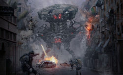 Rule 34 | absurdres, assault rifle, backpack, bag, blurry, building, car, commentary, depth of field, embers, explosion, fire, gun, helmet, highres, holding, holding gun, holding weapon, mecha, motor vehicle, open mouth, original, outdoors, pointing, power lines, rifle, road, robot, satellite dish, smoke, soldier, street, weapon, weihao wei, wreckage