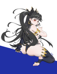 Rule 34 | 1girl, absurdres, artist request, ass, bare shoulders, black hair, bra, breasts, curvy, detached sleeves, earrings, fate/grand order, fate (series), floating hair, highres, hoop earrings, ishtar (fate), jewelry, long hair, looking back, navel, shiny skin, single thighhigh, sitting, skindentation, strapless, thighhighs, thighs, thong, twintails, two-tone background, underwear, very long hair, wide hips