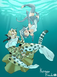 Rule 34 | 10s, 2girls, ^ ^, absolutemabbak, animal ears, bare shoulders, blonde hair, breast pocket, breasts, caustics, closed eyes, closed mouth, collarbone, copyright name, covered navel, diving, elbow gloves, extra ears, closed eyes, fingerless gloves, floating hair, freediving, frills, full body, fur collar, gloves, grey gloves, grey hair, grey legwear, hand on another&#039;s head, headpat, high-waist skirt, highres, jaguar (kemono friends), jaguar ears, jaguar print, jaguar tail, japari symbol, kemono friends, layered sleeves, long sleeves, looking at another, medium hair, multicolored hair, multiple girls, no shoes, one-piece swimsuit, open mouth, otter ears, otter tail, outdoors, outstretched arms, panties, panty peek, pocket, print gloves, print legwear, print skirt, shirt, short over long sleeves, short sleeves, skirt, small-clawed otter (kemono friends), smile, spread arms, spread legs, submerged, swimsuit, tail, thighhighs, toeless legwear, toes, two-tone hair, underwater, underwear, upside-down, water, white hair, white panties, yellow eyes