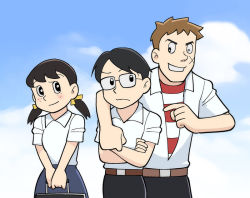 Rule 34 | 1girl, 2boys, ;d, bag, belt, black eyes, black hair, blue sky, collared shirt, crossed arms, day, doraemon, facial mark, freckles, glasses, grin, hair ribbon, head tilt, holding, kawabuchi sentarou, looking up, low twintails, mukae ritsuko, multiple boys, nishimi kaoru, one eye closed, open mouth, own hands together, parody, ribbon, sakamichi no apollon, scar, school bag, shirt, short sleeves, short twintails, sky, smile, standing, striped clothes, striped shirt, style parody, teeth, twintails, ueyama michirou, v arms, white shirt
