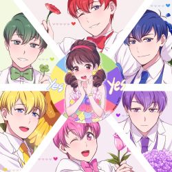 Rule 34 | 10s, 1girl, 6+boys, ;), bad id, bad twitter id, blonde hair, blue eyes, blue hair, brown eyes, brown hair, dress, english text, f6 (osomatsu-san), flower, formal, green eyes, green hair, hair ribbon, highres, looking at another, low twintails, matsuno choromatsu, matsuno ichimatsu, matsuno jyushimatsu, matsuno karamatsu, matsuno osomatsu, matsuno todomatsu, mery (yangmalgage), multiple boys, one eye closed, osomatsu-kun, osomatsu-san, pink eyes, pink hair, purple eyes, purple hair, red hair, ribbon, rose, sextuplets, short twintails, six shame faces, smile, suit, sunflower, twintails, white suit, yellow eyes, yowai totoko