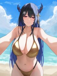 Rule 34 | 1girl, absurdres, asymmetrical horns, beach, bikini, black hair, blue hair, blue sky, blush, breasts, cloud, colored inner hair, day, demon horns, gold bikini, hair ornament, highres, hololive, hololive english, horns, huge breasts, long hair, looking at viewer, mole, mole under eye, multicolored hair, navel, nerissa ravencroft, ocean, outdoors, outstretched arms, reaching, reaching towards viewer, red eyes, si farid, sky, smile, solo, swimsuit, tassel, tassel hair ornament, two-tone hair, uneven horns, very long hair, virtual youtuber, water
