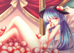 Rule 34 | 1girl, bad id, bad pixiv id, bed, blue hair, canopy bed, crossed legs, food, fruit, hair censor, hat, highres, hinanawi tenshi, long hair, looking at viewer, maru daizu (aqua6233), on bed, panties, peach, pillow, red eyes, sitting, smile, solo, topless, touhou, underwear, underwear only, very long hair, white panties