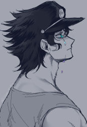 Rule 34 | 1boy, absurdres, artist name, black hair, blue eyes, colored tears, crying, crying with eyes open, empty eyes, from side, grey background, hat, highres, jojo no kimyou na bouken, kuujou joutarou, limited palette, looking up, male focus, muscular, muscular male, ookamimiru, short hair, sideways mouth, simple background, sleeveless, solo, stardust crusaders, tank top, tears, twitter username