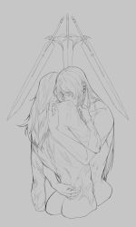 Rule 34 | 2girls, ass, claymore (series), claymore (sword), commentary, cropped legs, galatea, grey background, greyscale, hand in another&#039;s hair, hebi utage, hug, long hair, miria, monochrome, multiple girls, nude, scar, sword, weapon, yuri