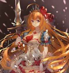 ahoge ascot blue_eyes blue_sleeves braid breasts flower_ornament highres large_breasts long_hair orange_hair pecorine_(princess)_(princess_connect!) pecorine_(princess_connect!) princess_connect! princess_form_(princess_connect!) red_ascot red_ribbon ribbon shrug_(clothing) side_braid skirt_under_dress tiara yononaka