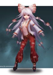 Rule 34 | 10s, 1girl, 2014, artist name, bad id, bad pixiv id, bow, breasts, dress shirt, fujiwara no mokou, full body, hair ribbon, long hair, long sleeves, looking at viewer, navel, nevermore (4147518), nevermore (artist), no bra, open clothes, open shirt, pants, red eyes, red pants, ribbon, shirt, shoes, silver hair, simple background, solo, suspenders, touhou, very long hair