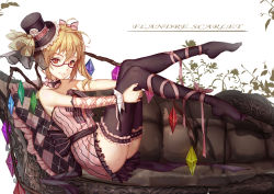 Rule 34 | 1girl, 7lark, antenna hair, bad id, bad pixiv id, bespectacled, black thighhighs, blonde hair, bow, character name, couch, flandre scarlet, glasses, hair bow, hair ribbon, hat, looking at viewer, mini hat, mini top hat, red eyes, ribbon, side ponytail, sitting, smile, solo, thighhighs, thighs, top hat, touhou, wings, zettai ryouiki